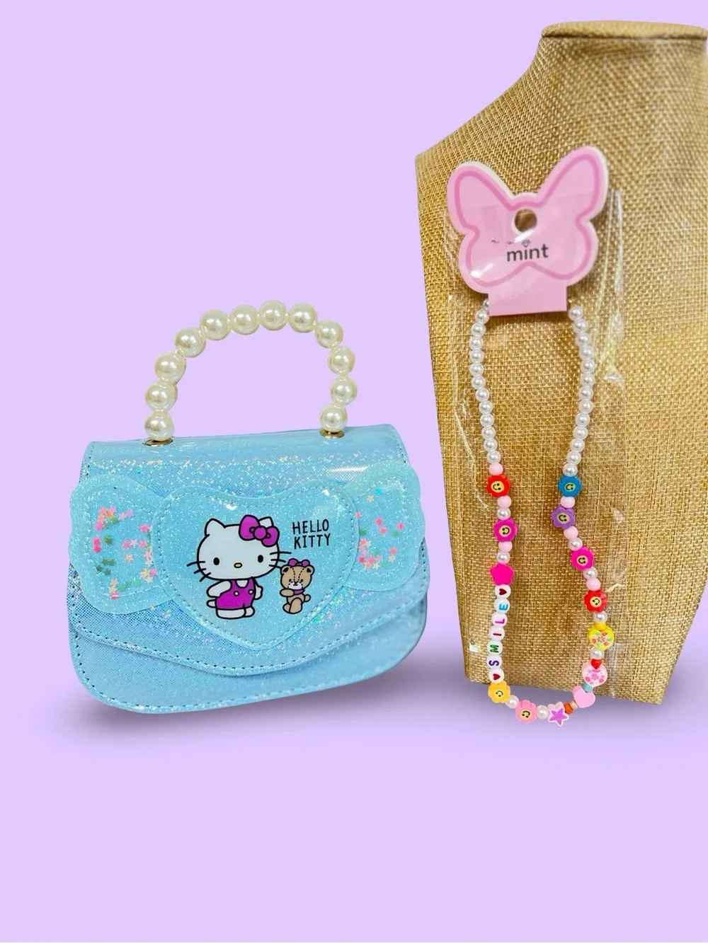 Hello Kitty Light Blue Sparkle Kids Purse Pearl Handle & Beaded kids necklace